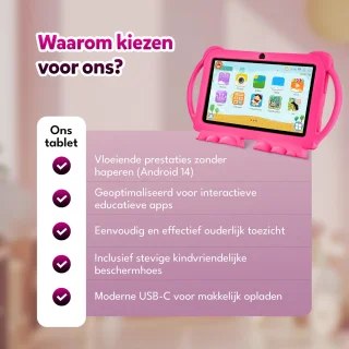 KinderTablet – 7 Inch – Vanaf 3 jaar – Android 14 – 4GB RAM – 32GB – WiFi – Beschermhoes – Roze - Quadcore
