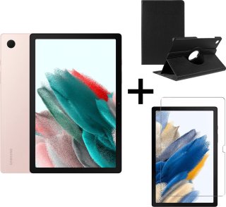 De Samsung Galaxy Tab A8 (2022) - 64GB - Wifi - 10.5 inch - Pink Gold + Draaibare hoes + Screenprotector tempered glass in één oogopslag
