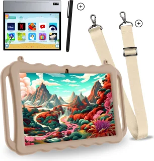 Kindertablet HD+ 10.1 inch Android 13 - Ook voor volwassenen - Google Play - NL apps - Simkaart - Wifi Icl. alle accessoires - 128 GB + 12 GB - Octo core - WonderTap Pro - Zand