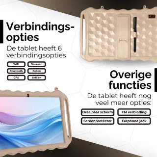 Kindertablet HD+ 10.1 inch Android 13 - Ook voor volwassenen - Google Play - NL apps - Simkaart - Wifi Icl. alle accessoires - 128 GB + 12 GB - Octo core - WonderTap Pro - Zand