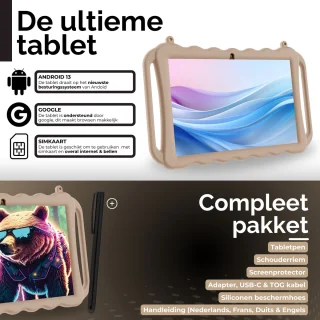 Kindertablet HD+ 10.1 inch Android 13 - Ook voor volwassenen - Google Play - NL apps - Simkaart - Wifi Icl. alle accessoires - 128 GB + 12 GB - Octo core - WonderTap Pro - Zand