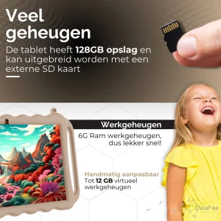 Kindertablet HD+ 10.1 inch Android 13 - Ook voor volwassenen - Google Play - NL apps - Simkaart - Wifi Icl. alle accessoires - 128 GB + 12 GB - Octo core - WonderTap Pro - Zand