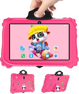 De Kindertablet vanaf 3 jaar - Kindertablet 7 inch - Android 14 - Google Play Ondersteuning - Wifi - Bluetooth - 12GB - Beschermhoes - Roze in één oogopslag