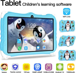 Kindertablet vanaf 3 jaar - Kindertablet 7 inch - Android 14 - Google Play Ondersteuning - Wifi - Bluetooth - 12GB - Beschermhoes - Roze