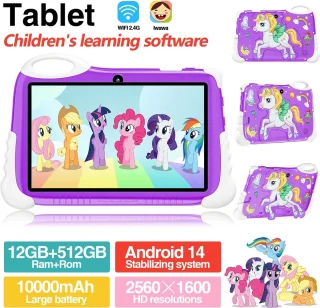 Kindertablet vanaf 3 jaar - Kindertablet 7 inch - Android 14 - Google Play Ondersteuning - Wifi - Bluetooth - 12GB - Beschermhoes - Roze
