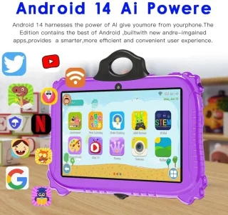 Kindertablet vanaf 3 jaar - Kindertablet 7 inch - Android 14 - Google Play Ondersteuning - Wifi - Bluetooth - 12GB - Beschermhoes - Roze