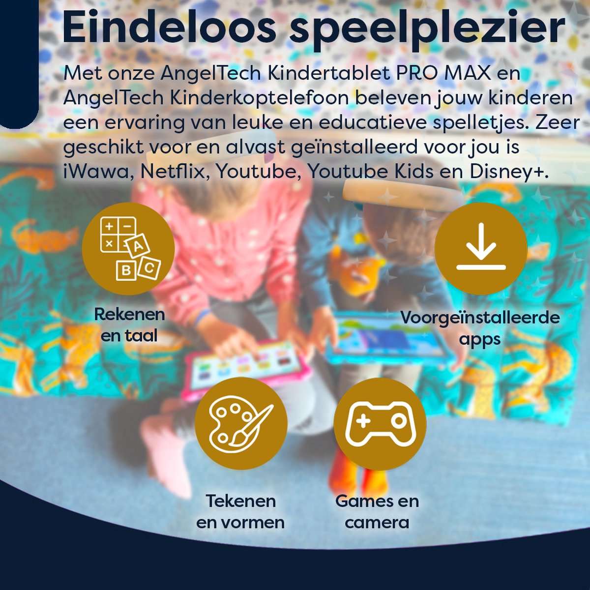 AngelTech Kinder Tablet PRO MAX Blauw + Kinderkoptelefoon Combipakket