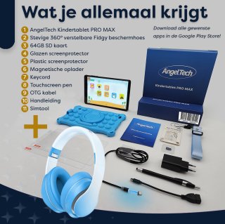 AngelTech Kinder Tablet PRO MAX Blauw + Kinderkoptelefoon Combipakket