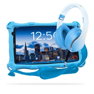AngelTech Kinder Tablet PRO MAX Blauw + Kinderkoptelefoon Combipakket