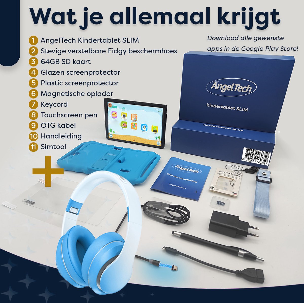AngelTech Kinderpakket Slim - Kindertablet en Kinderkoptelefoon Blauw