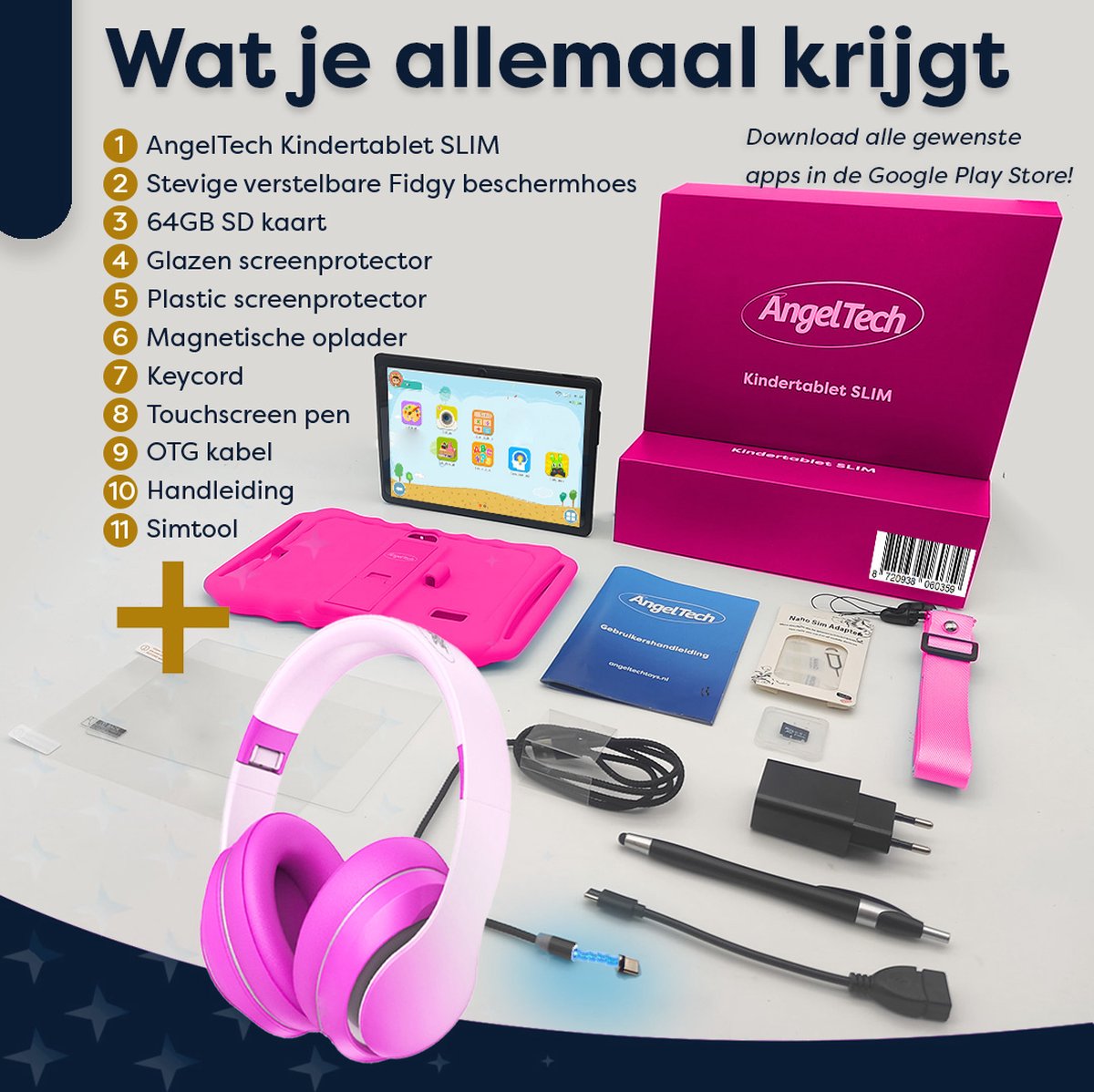 AngelTech Kinderpakket Slim - Kindertablet en Kinderkoptelefoon Roze