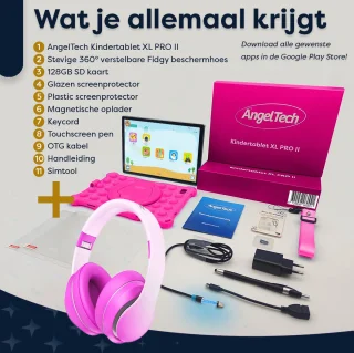 AngelTech Kinderpakket XL PRO II - Kindertablet en Kinderkoptelefoon Roze