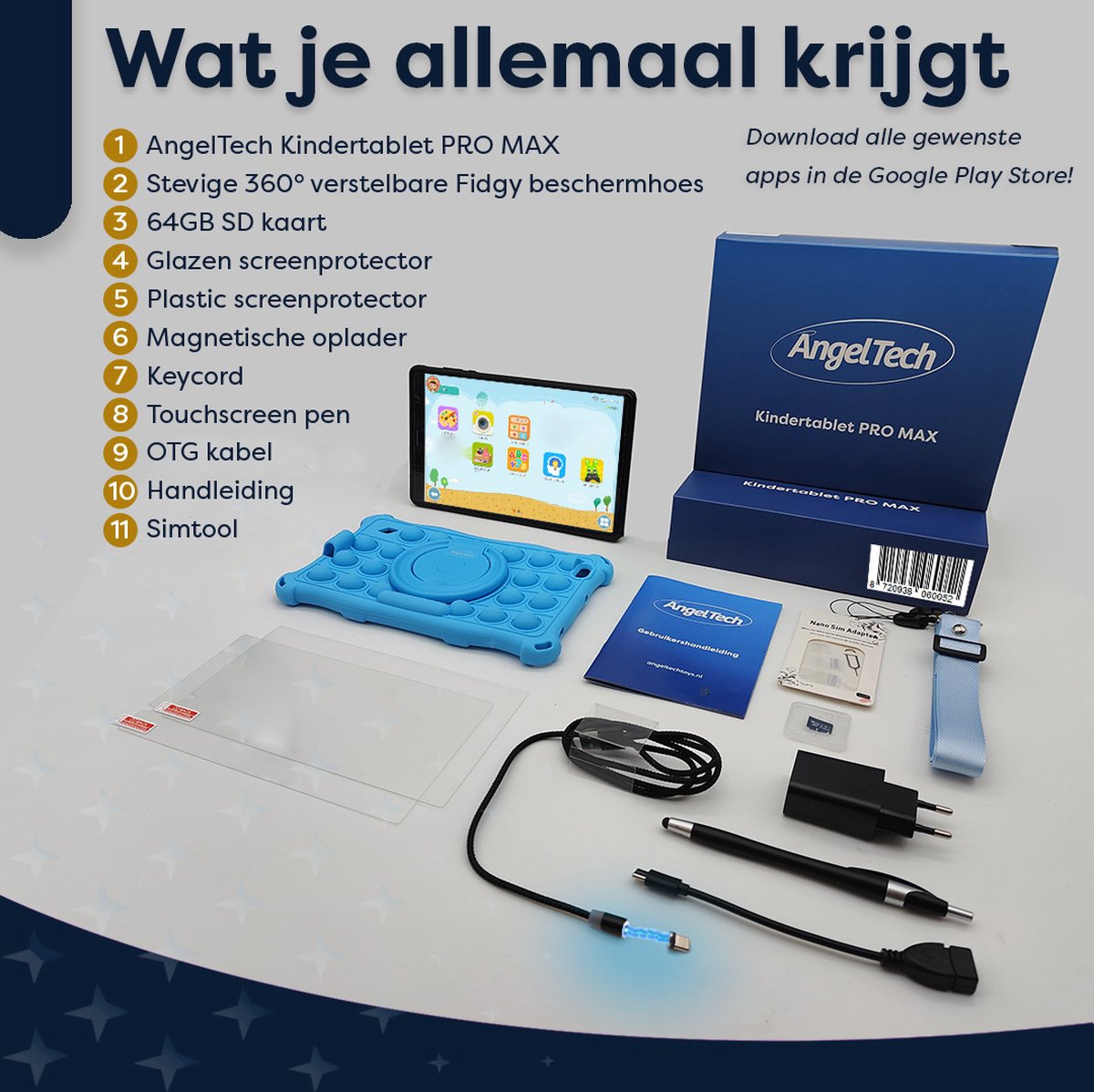 AngelTech Kindertablet PRO MAX 8 Inch Blauw
