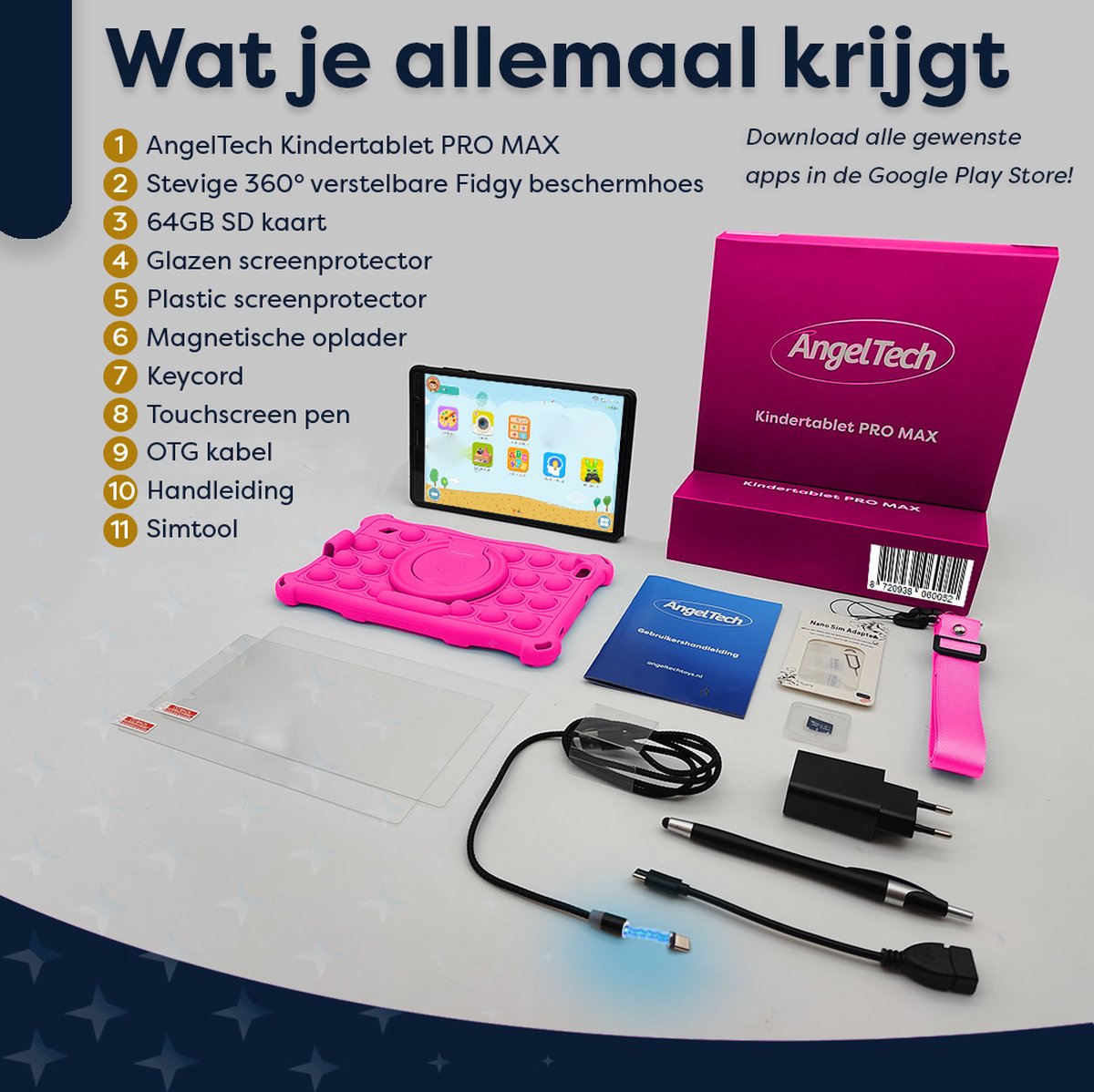 AngelTech Kindertablet PRO MAX 8 Inch Roze