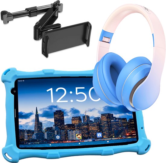 AngelTech Kindertablet PRO MAX Blauw + Koptelefoon + Tablethouder
