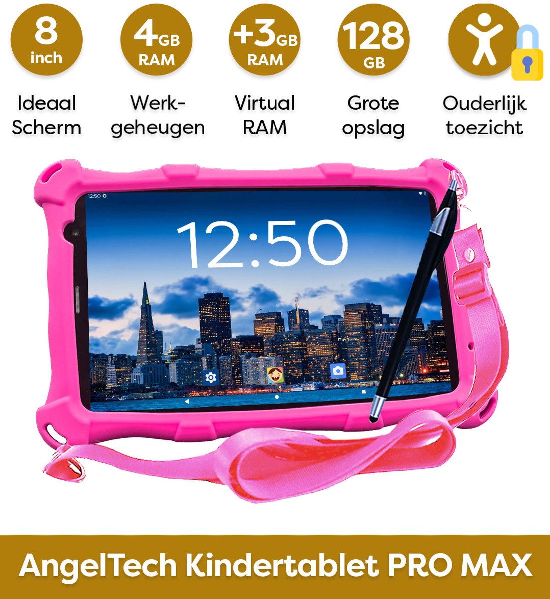 AngelTech Kindertablet PRO MAX Roze met Tablethouder