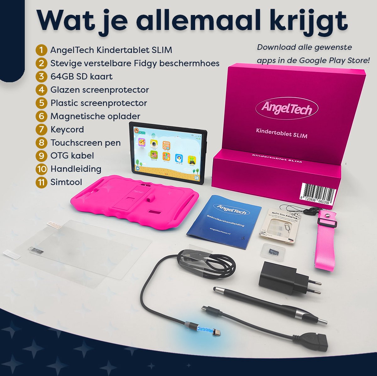 AngelTech Kindertablet Slim 7 Inch 3+4GB 32+64GB Roze
