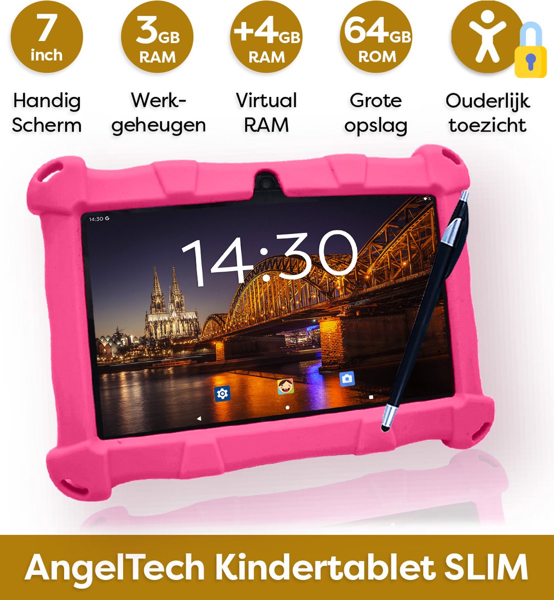AngelTech Kindertablet Slim 7 Inch 3+4GB 32+64GB Roze