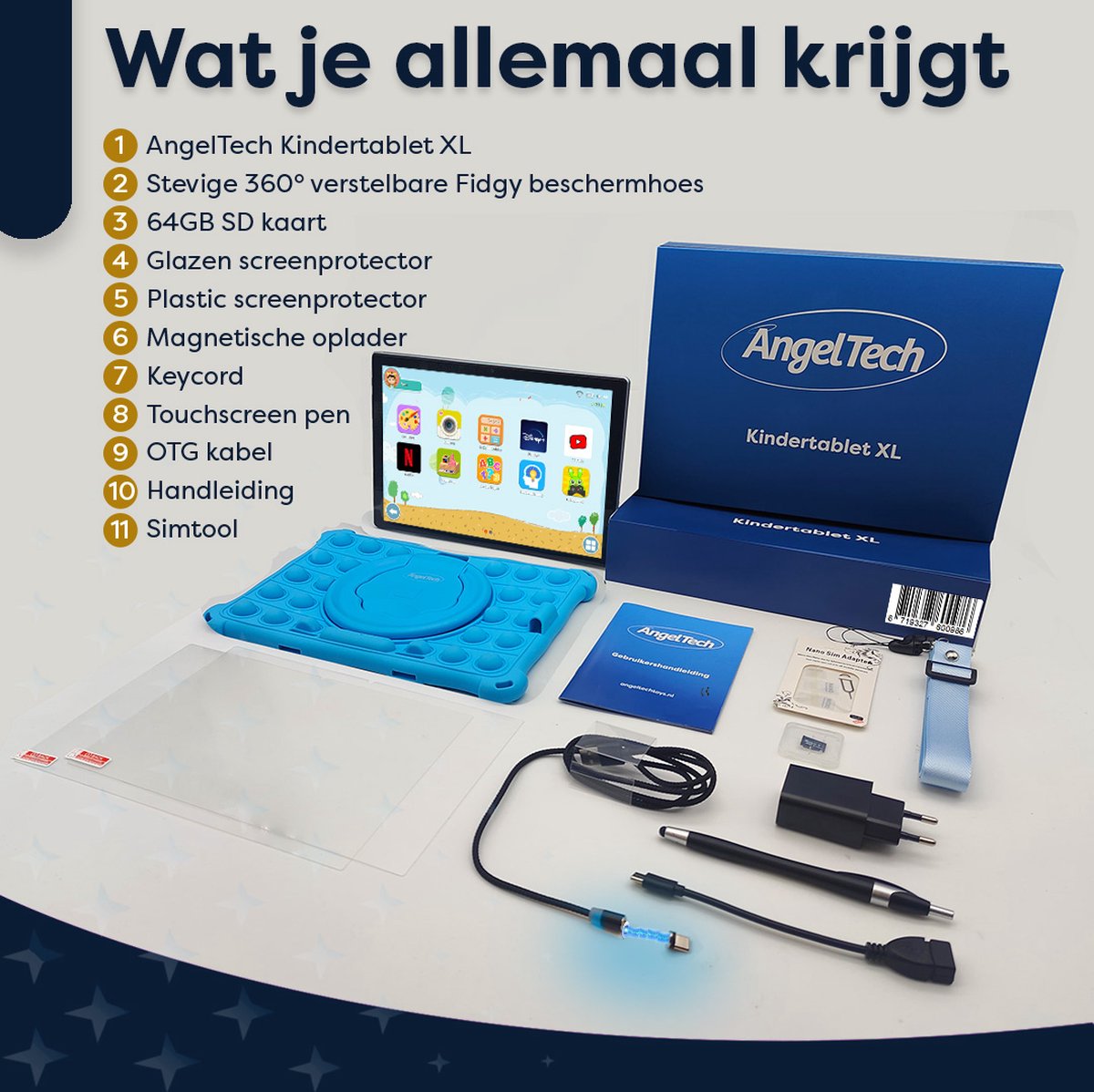 AngelTech Kindertablet XL 10 Inch 4GB RAM 64GB Blauw