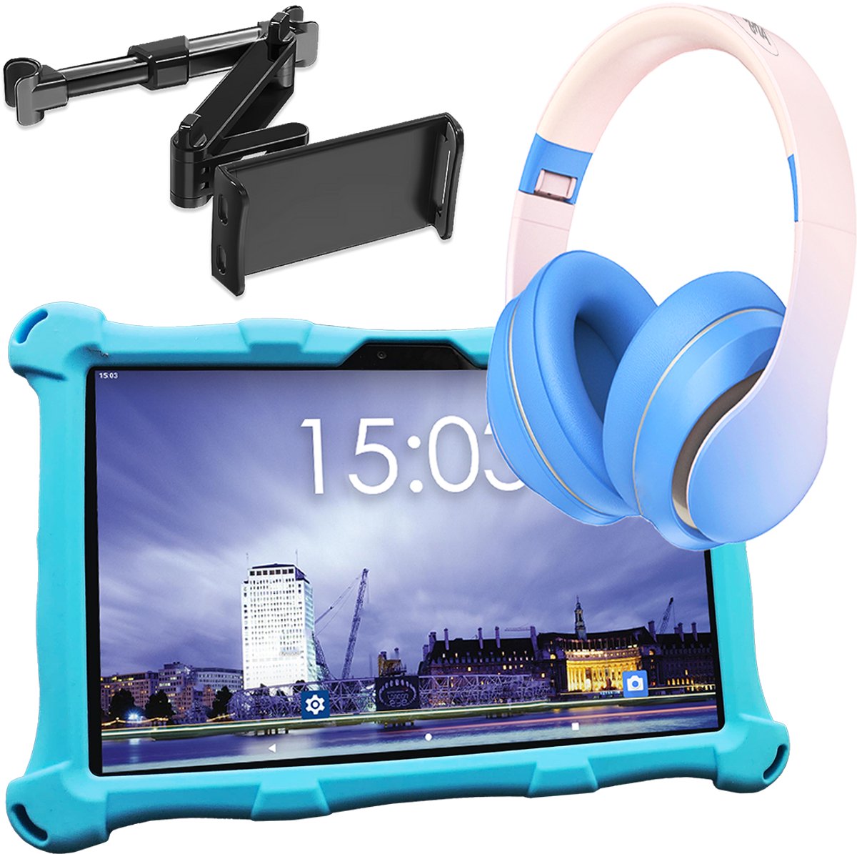 AngelTech Kindertablet XL Blauw + Koptelefoon + Tablethouder
