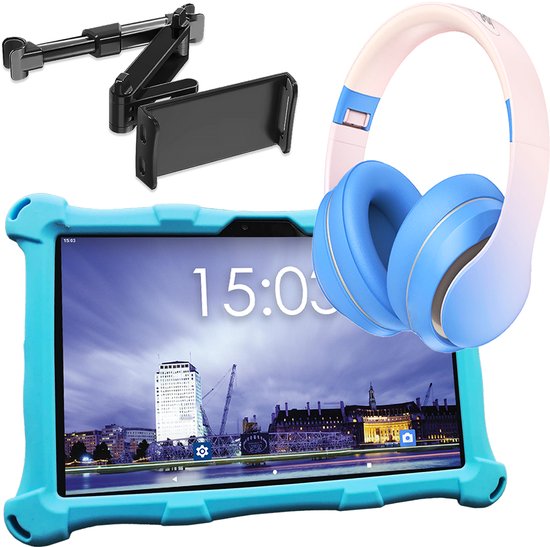 AngelTech Kindertablet XL Blauw + Koptelefoon + Tablethouder