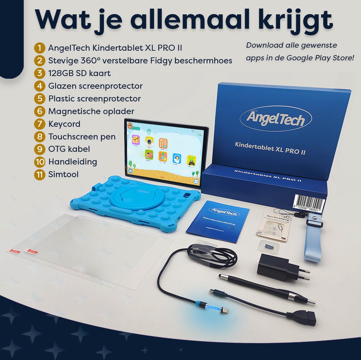 AngelTech Kindertablet XL PRO II 10 inch Blauw 64+128GB