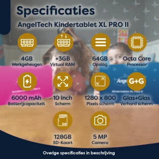 AngelTech Kindertablet XL PRO II Blauw + Koptelefoon + Tablethouder