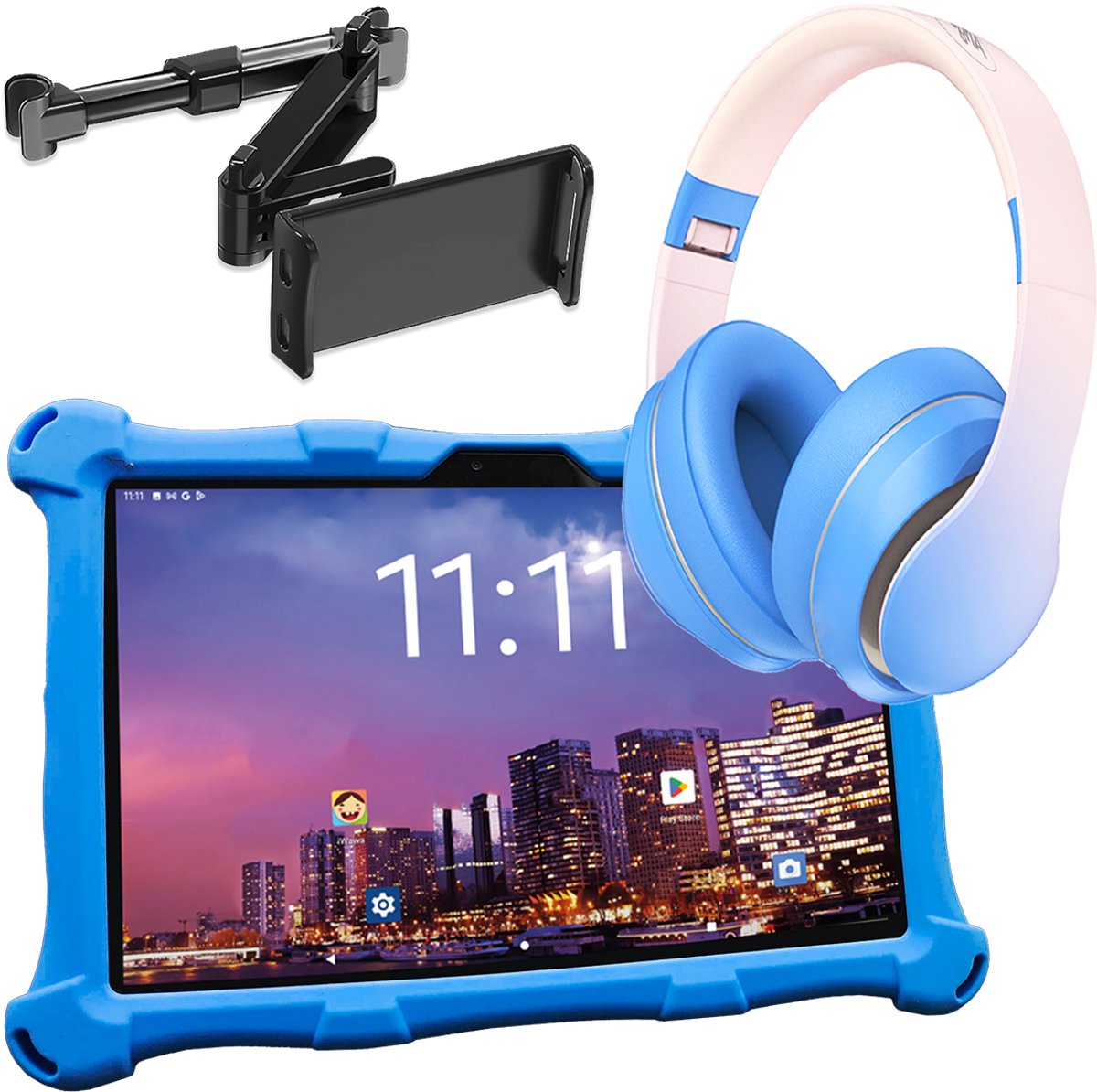 De AngelTech Kindertablet XL PRO II Blauw + Koptelefoon + Tablethouder in één oogopslag