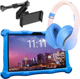 AngelTech Kindertablet XL PRO II Blauw + Koptelefoon + Tablethouder