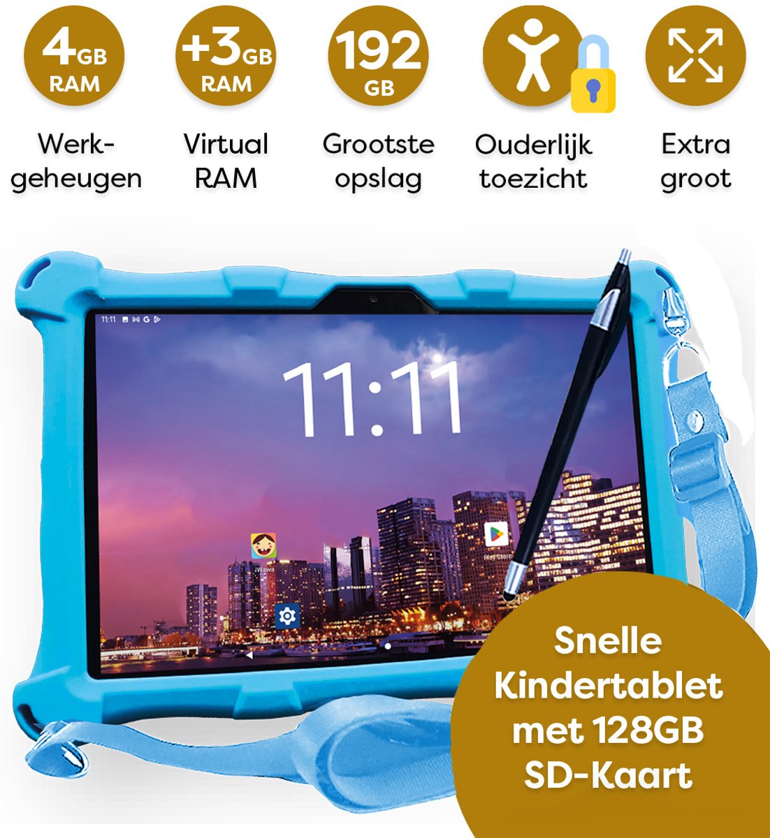 AngelTech Kindertablet XL PRO II Blauw + Tablethouder