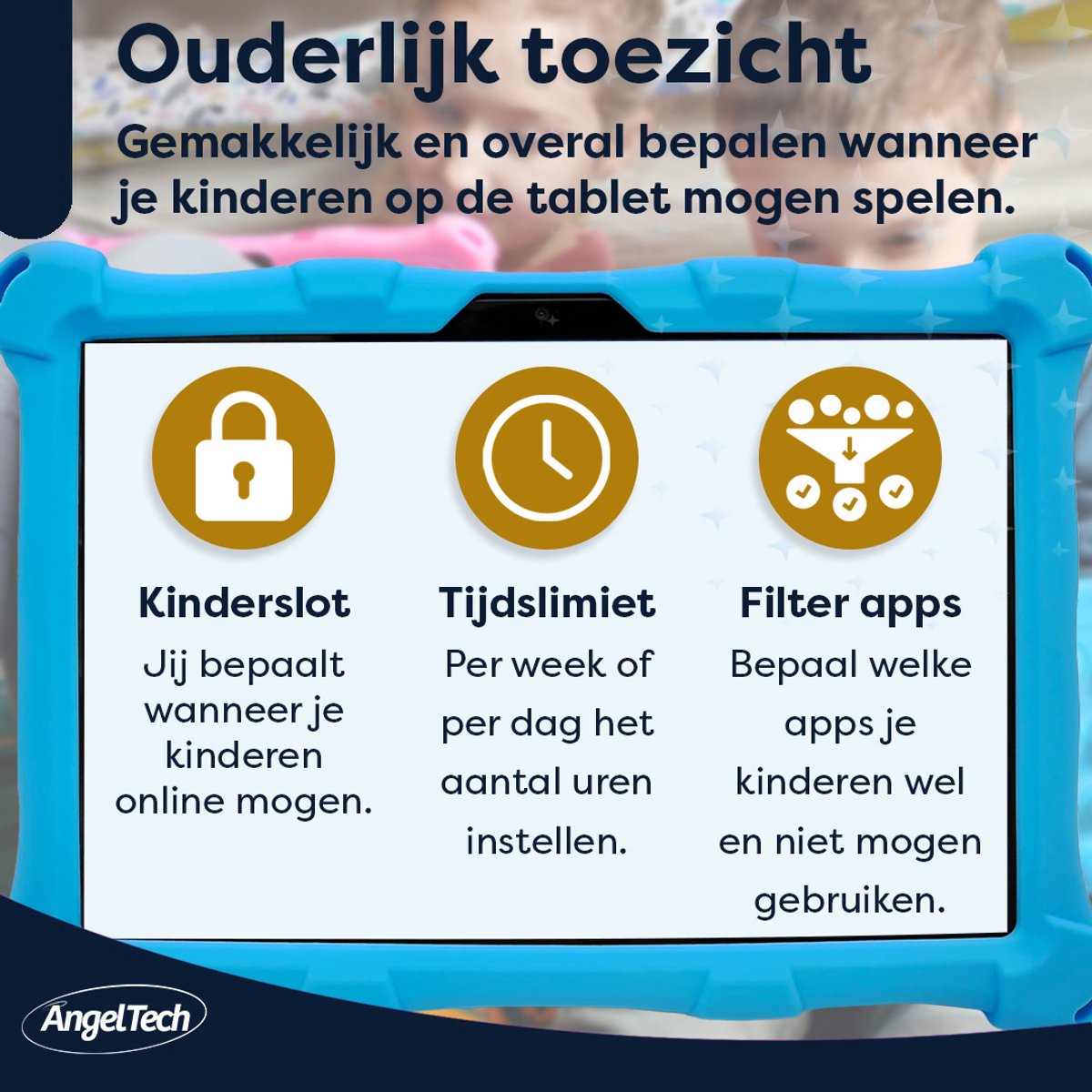 AngelTech Kindertablet XL PRO II Blauw + Tablethouder