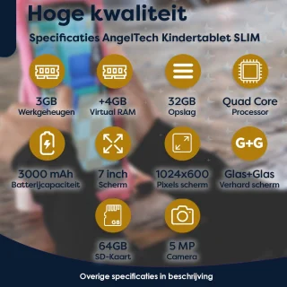 AngelTech Luxe OnderwegPakket SLIM Kindertablet Blauw met Kinderkoptelefoon en Tablethouder