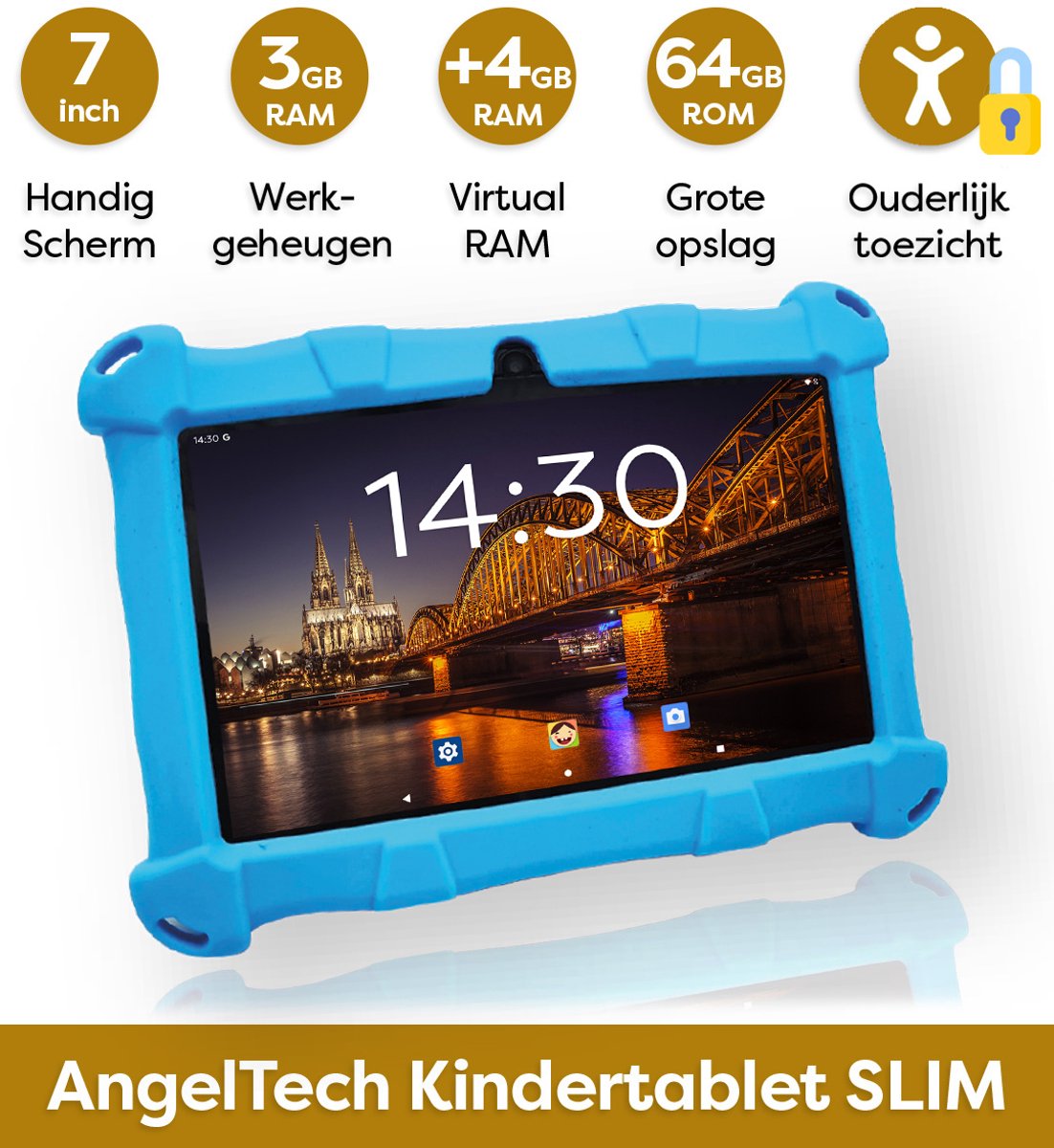 AngelTech Luxe OnderwegPakket SLIM Kindertablet Blauw met Kinderkoptelefoon en Tablethouder