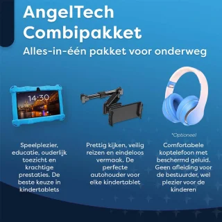 AngelTech Luxe OnderwegPakket SLIM Kindertablet Blauw met Kinderkoptelefoon en Tablethouder