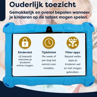 AngelTech Luxe OnderwegPakket SLIM Kindertablet Blauw met Kinderkoptelefoon en Tablethouder