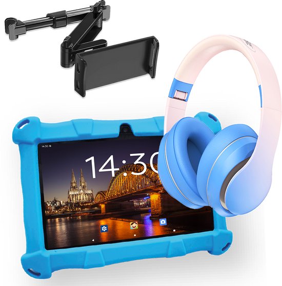 AngelTech Luxe OnderwegPakket SLIM Kindertablet Blauw met Kinderkoptelefoon en Tablethouder