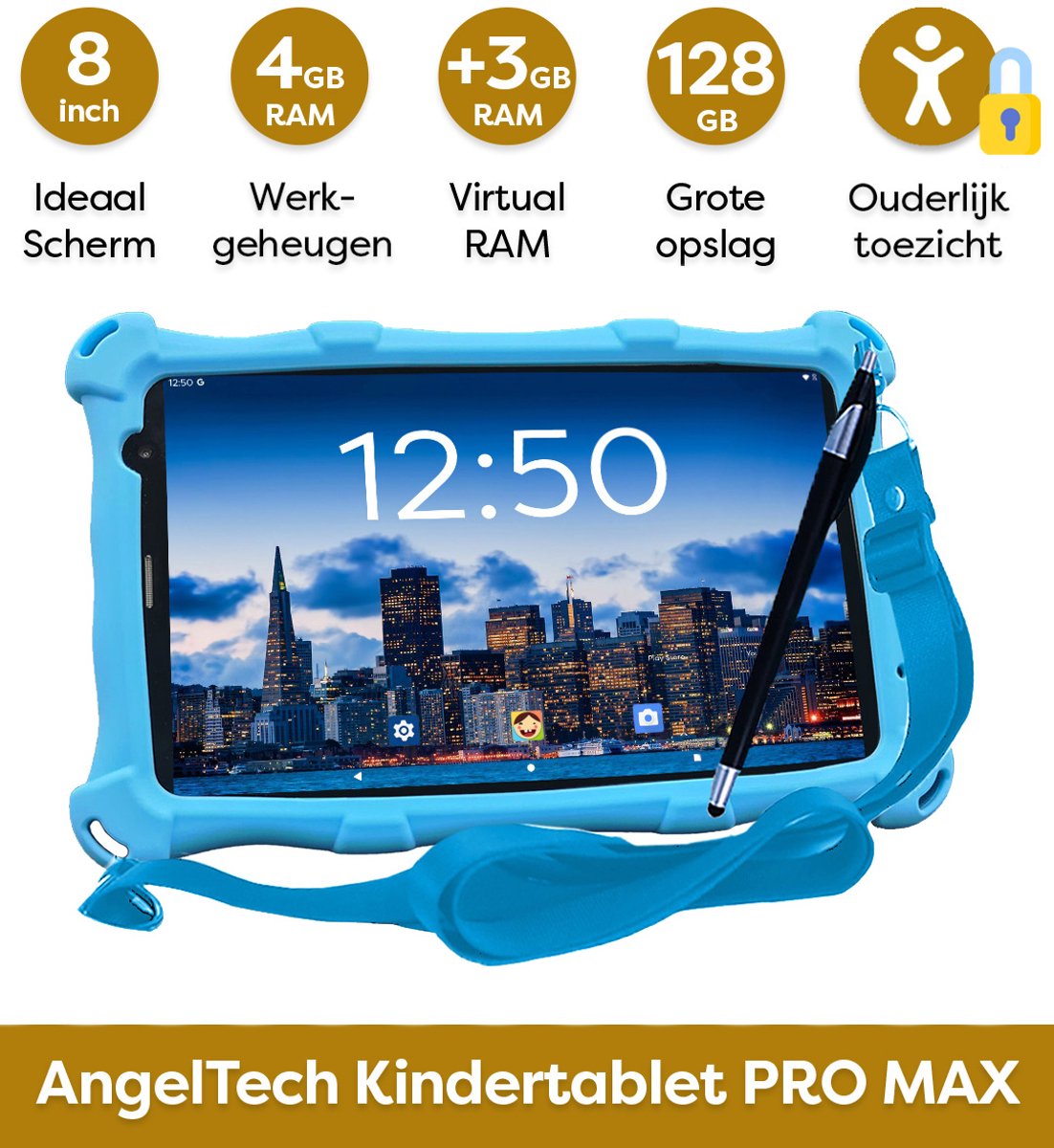 AngelTech OnderwegPakket PRO MAX Kindertablet Blauw + Tablethouder