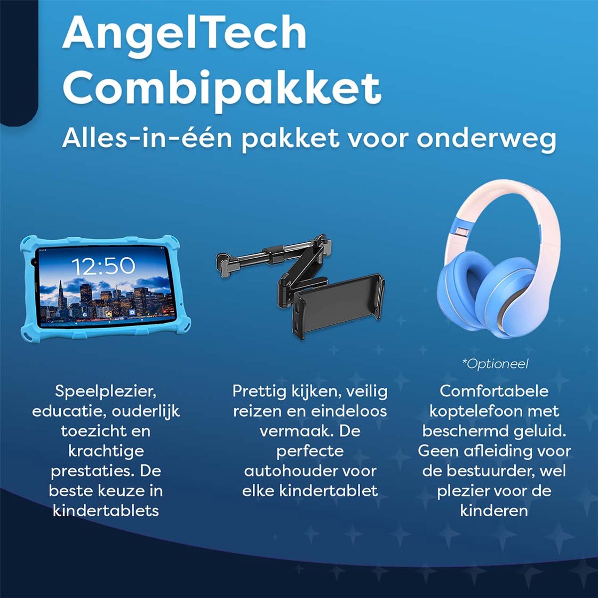 AngelTech OnderwegPakket PRO MAX Kindertablet Blauw + Tablethouder