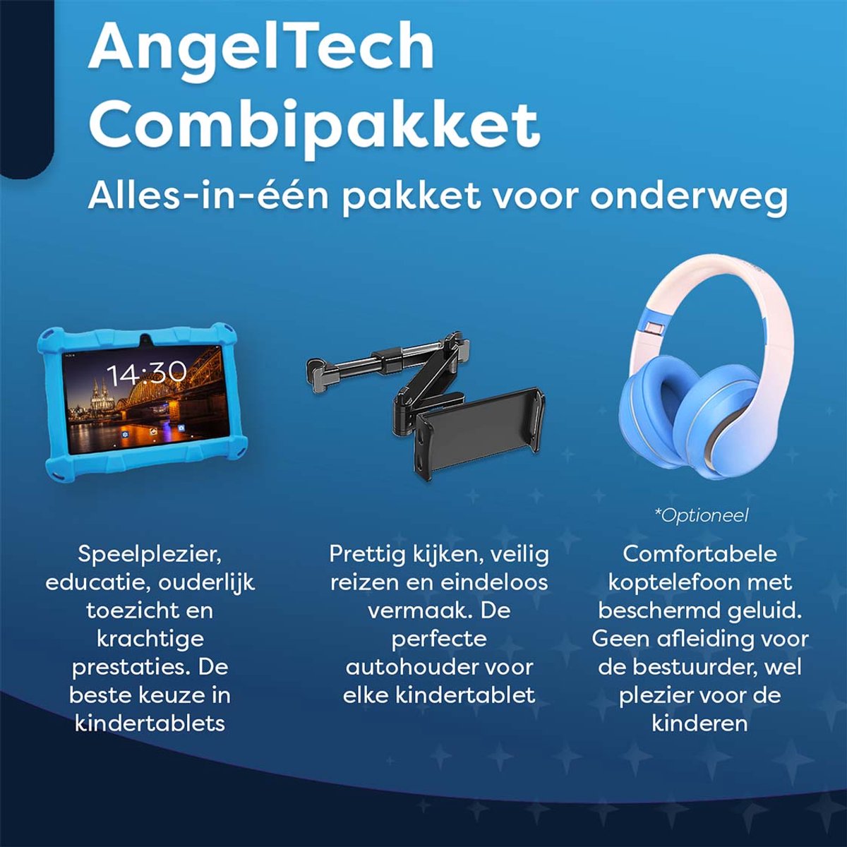 AngelTech OnderwegPakket SLIM Kindertablet en Tablethouder Blauw