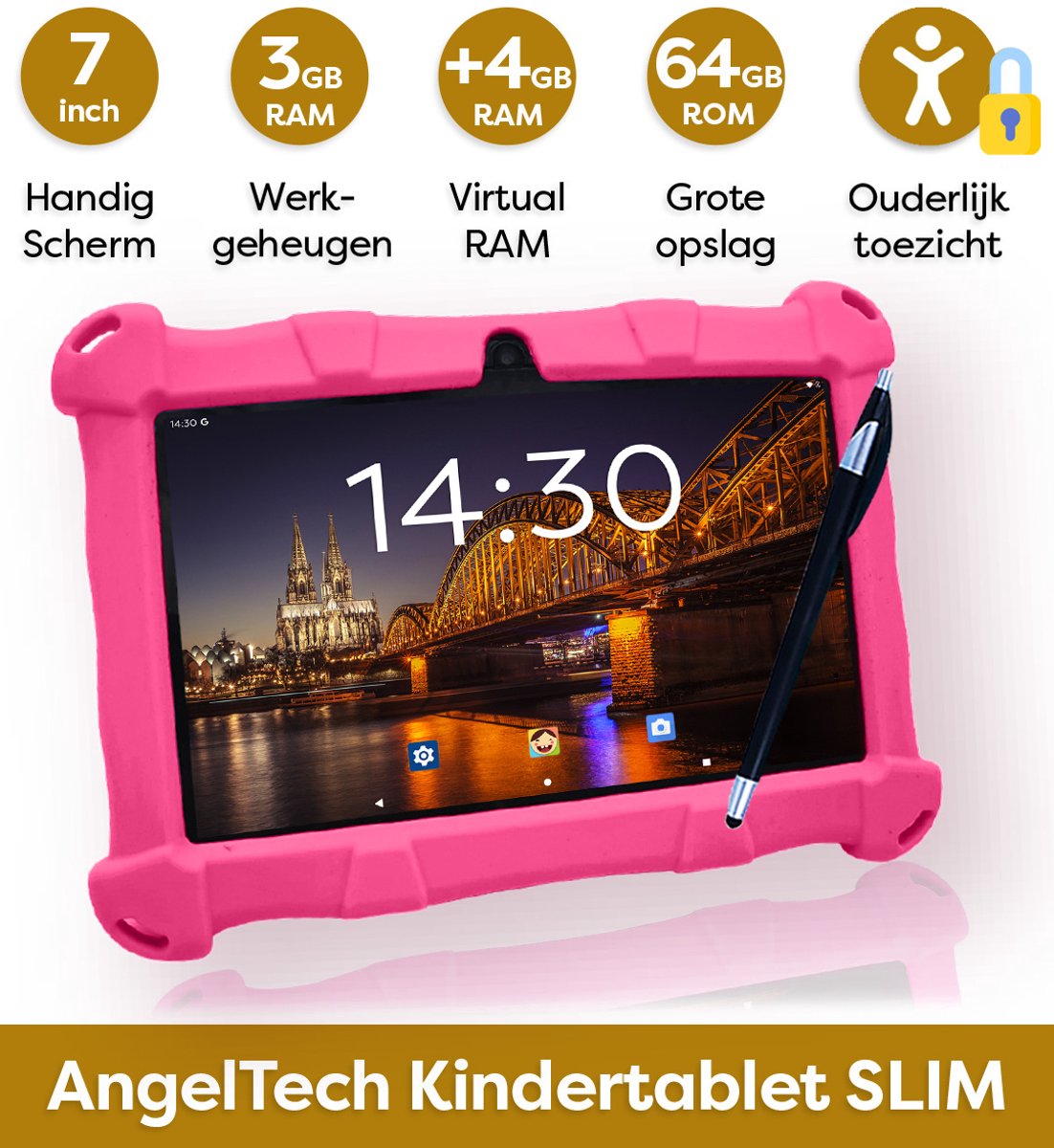 AngelTech OnderwegPakket SLIM Kindertablet Roze
