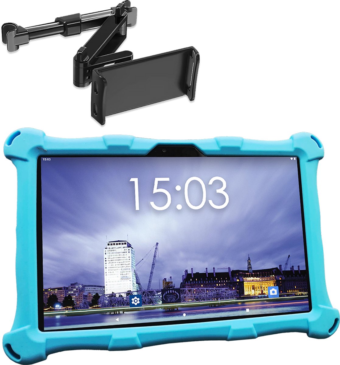 AngelTech OnderwegPakket XL Kindertablet Blauw + Tablethouder
