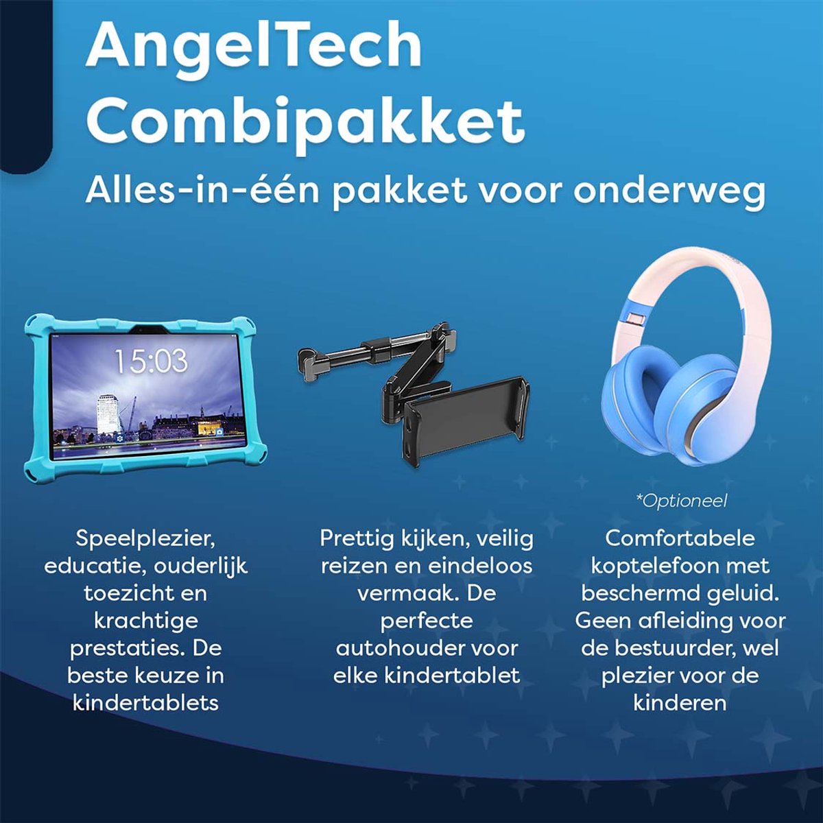 AngelTech OnderwegPakket XL Kindertablet Blauw + Tablethouder