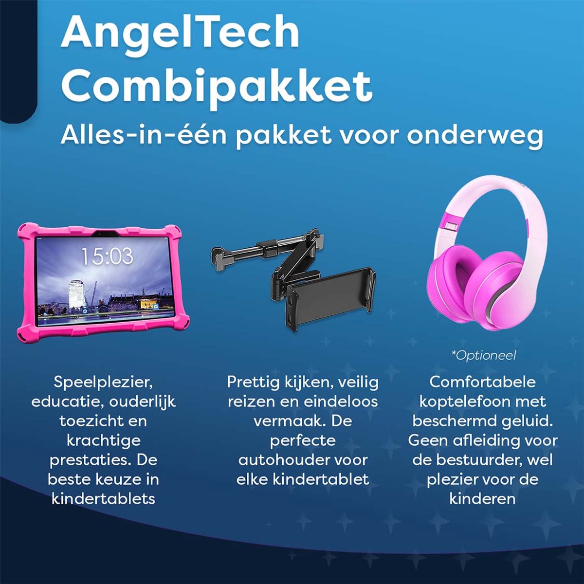 AngelTech OnderwegPakket XL Kindertablet Roze inclusief Tablethouder
