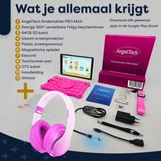 AngelTech PRO MAX Kinderpakket - Roze Kindertablet + Koptelefoon