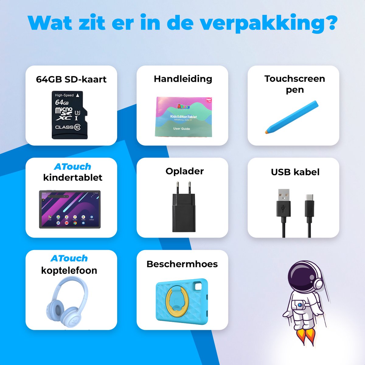 ATouch Tab 10 Plus Kindertablet + Kinderkoptelefoon Blauw 64GB