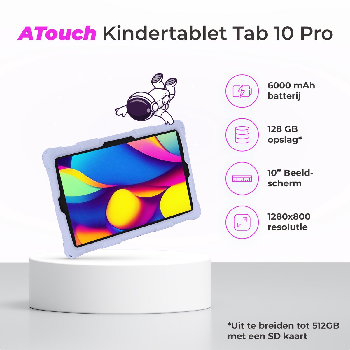 ATouch Tab 10 Pro Kindertablet + Kinderkoptelefoon Paars 128GB
