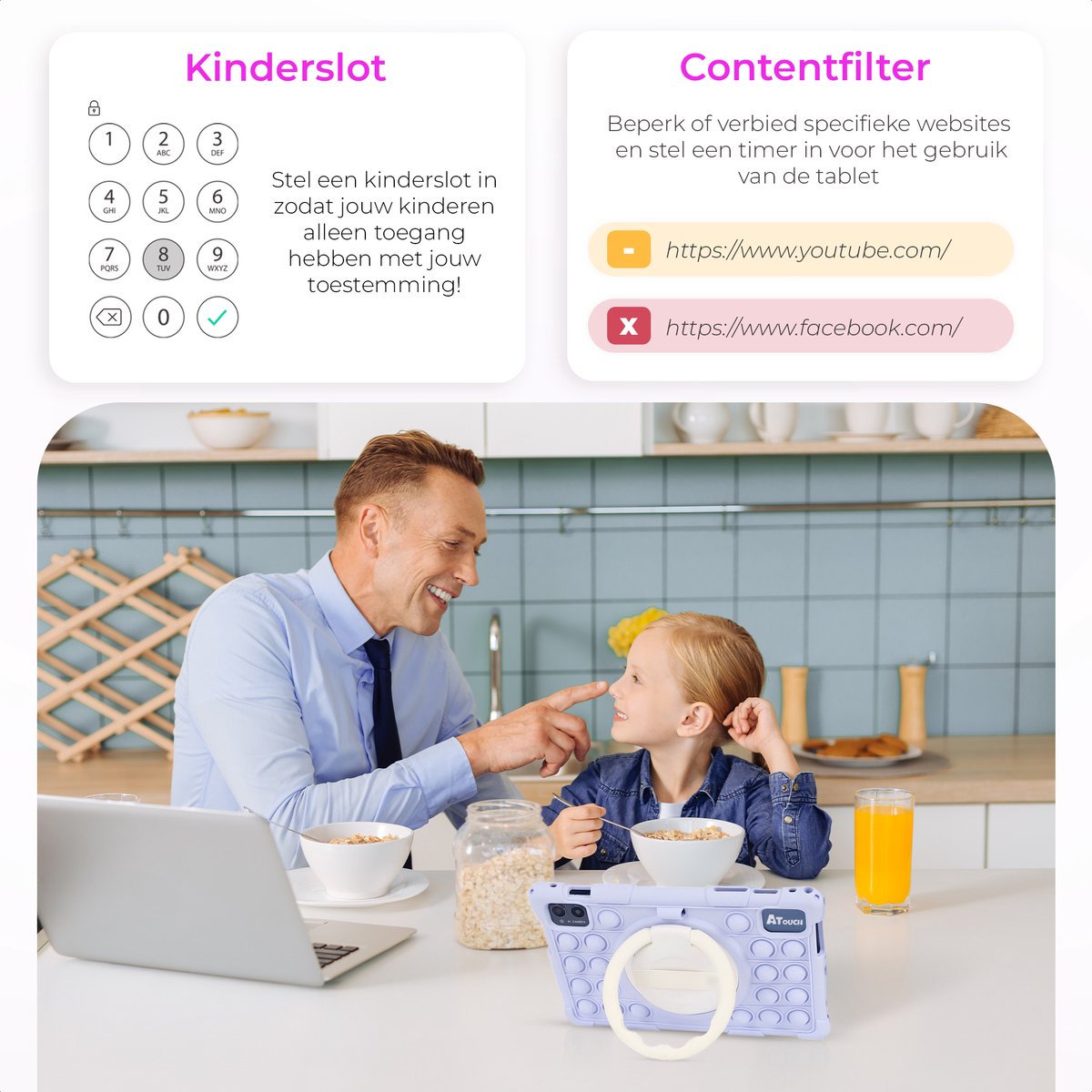 ATouch Tab 10 Pro Kindertablet + Kinderkoptelefoon Paars 128GB