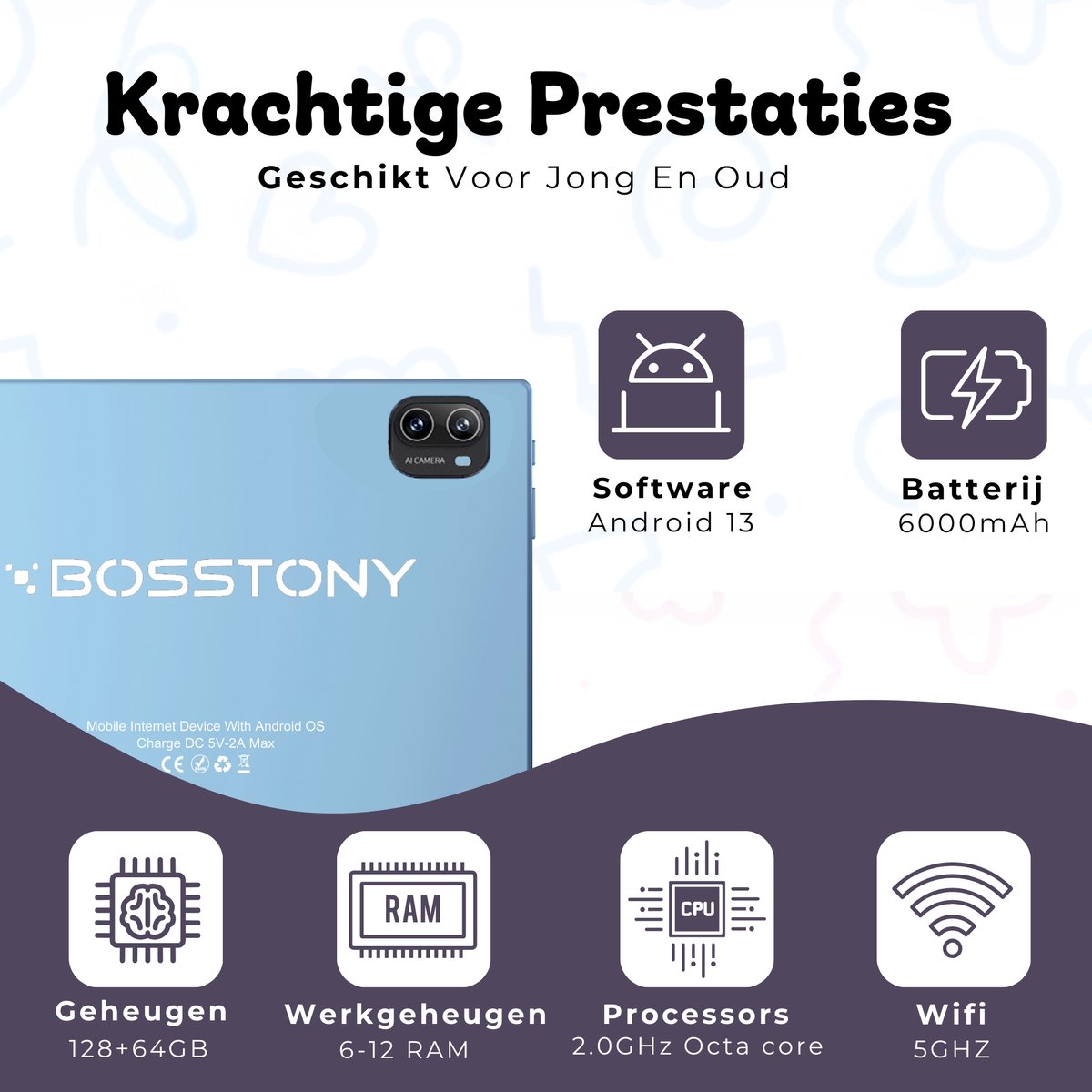 Bosstony Snelle Kids Tablet 10 inch 192 GB