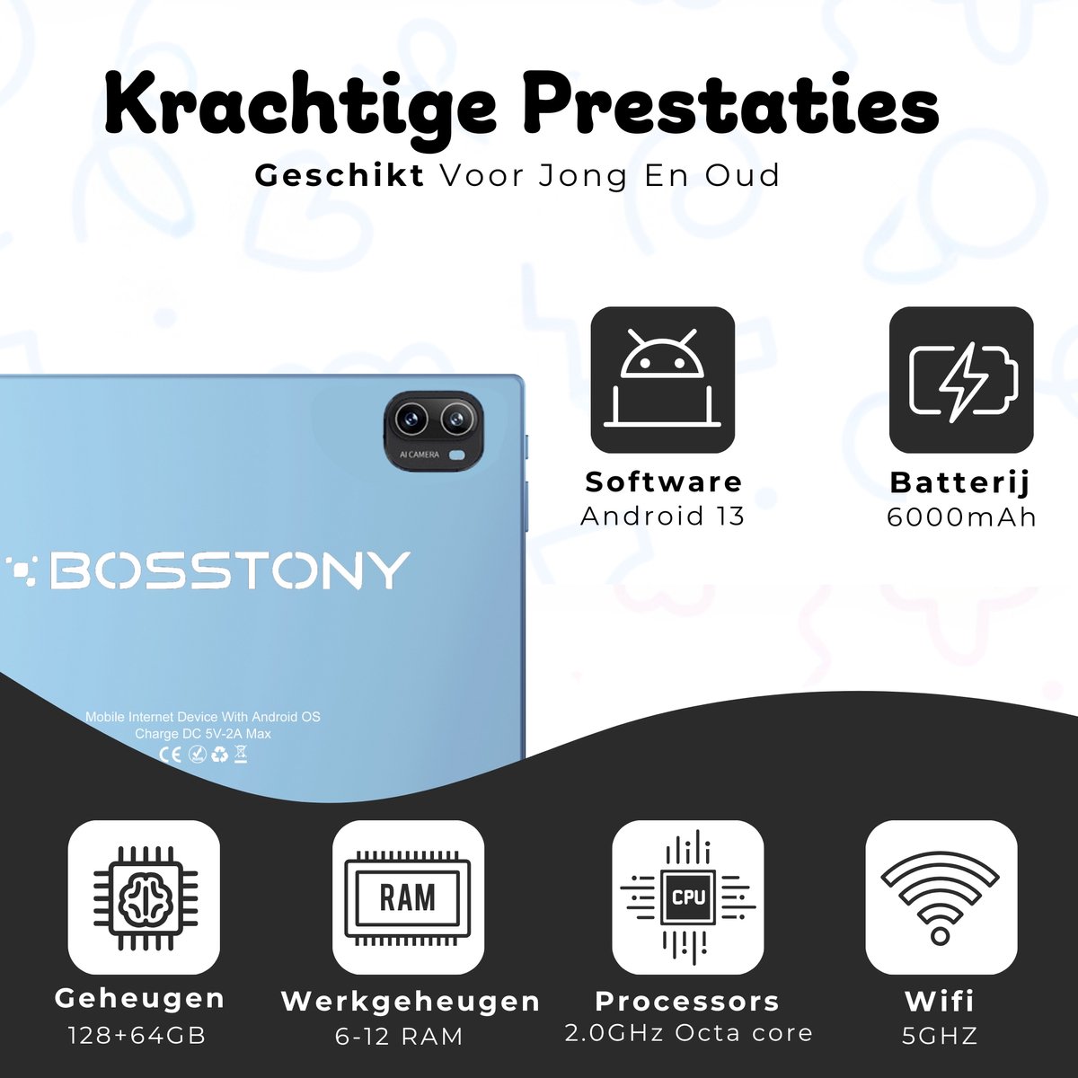 Bosstony Snelle Kids Tablet 10 inch Android 13