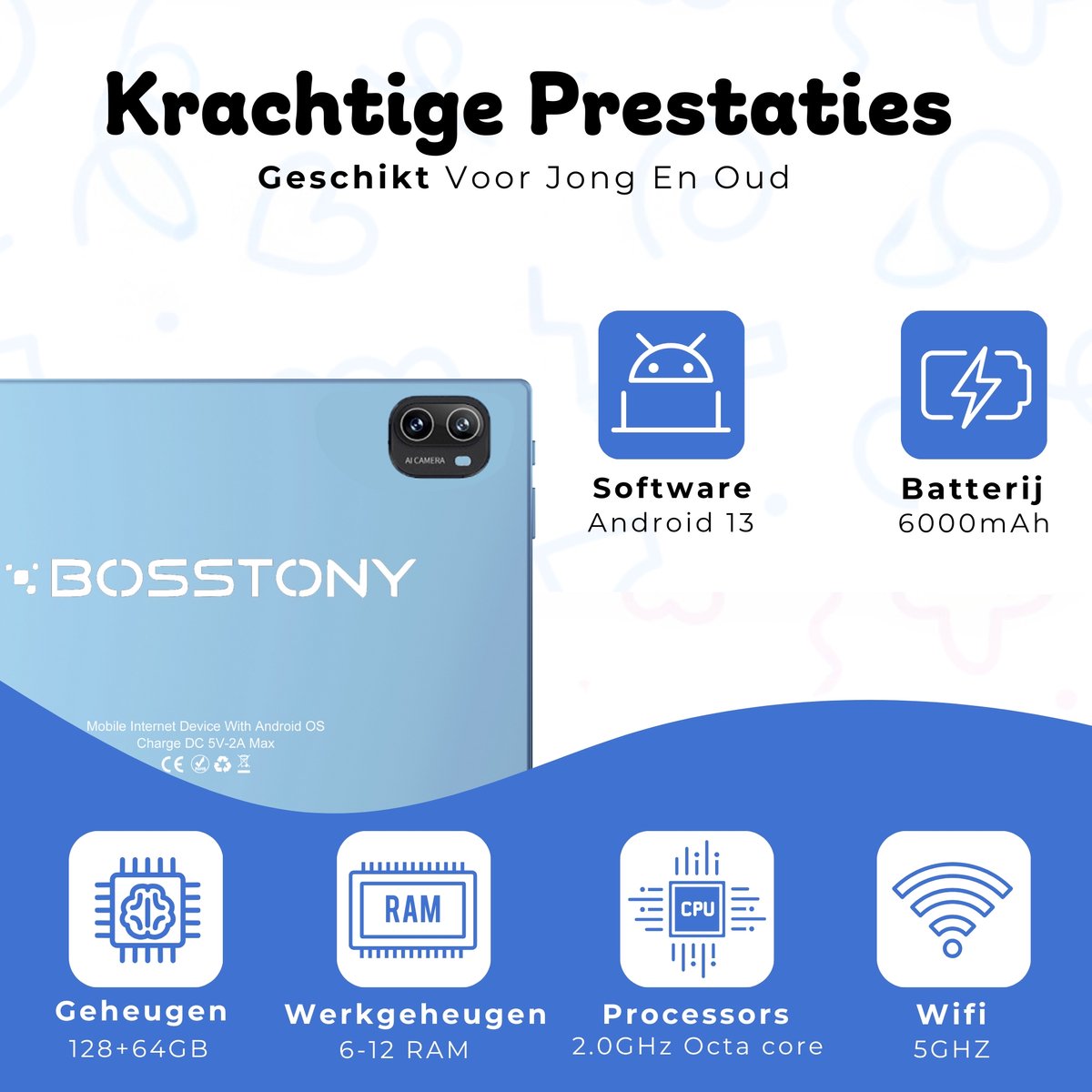 Bosstony Snelle Kids Tablet 10 inch Android 13